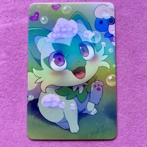 Sprigatito Whimsical Bubble Art Card – Rainbow Gloss Foil – 2x3 Collectible ✨